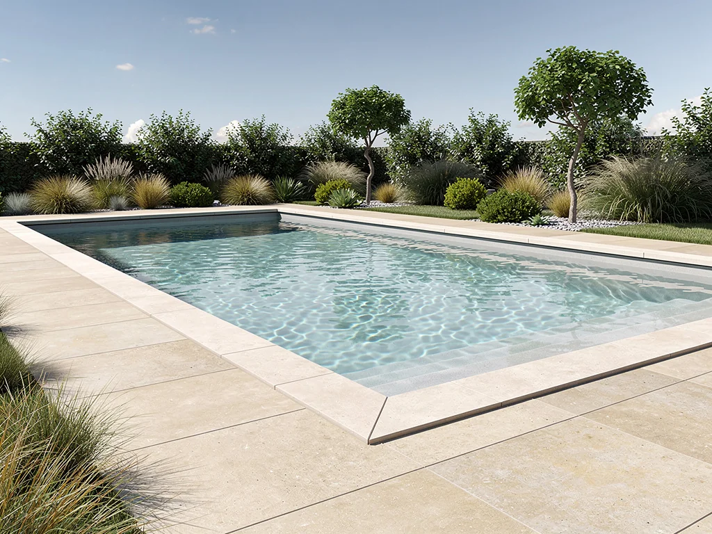 Piscine béton semi-enterrée rectangulaire avec plage en pierre reconstituée