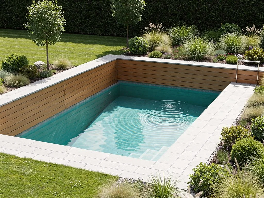Bassin en kit acier habillé de bois composite, jardin paysager