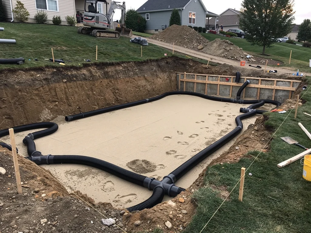 Chantier de terrassement pour piscine semi-enterrée, lit de sable et drainage
