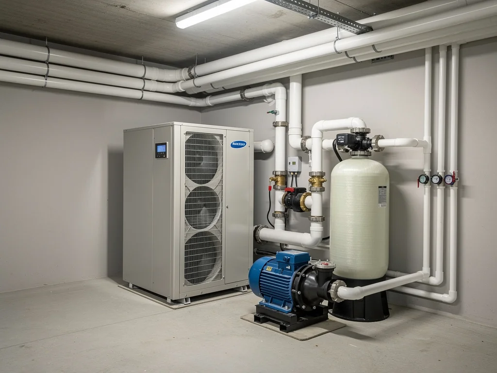Local technique de piscine avec pompe à chaleur et système de filtration